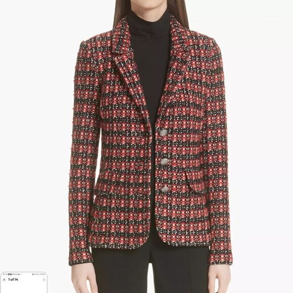 St. John Multi Black Red Tweed Single Breasted Button Blazer Jacket Sz 12 New - Picture 1 of 15